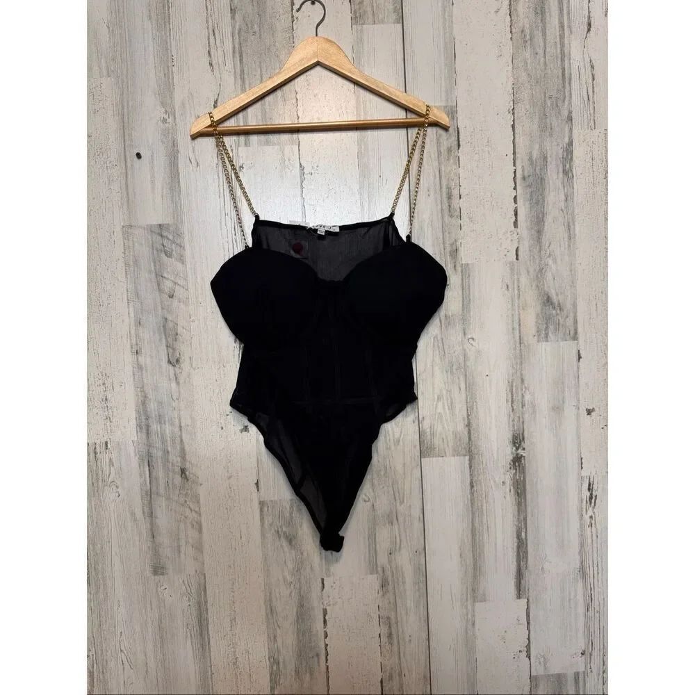 Love J Black Mesh Bodysuit 2X Chain Strap Sheer Lingerie Teddy Corset Style Plus